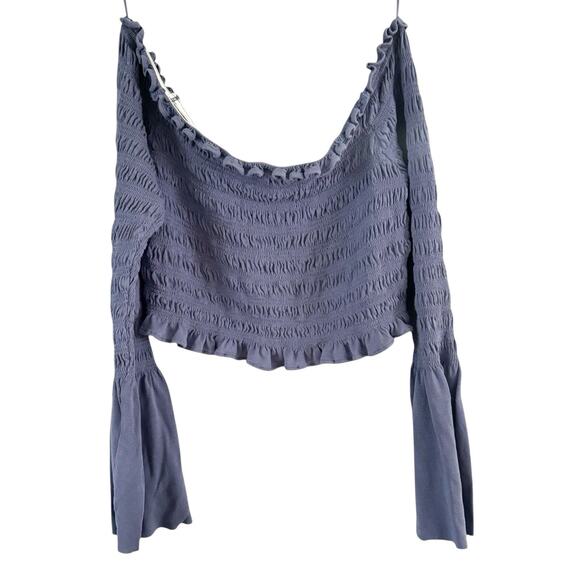 Urban Outfitters UO Blue Smocked Off The Shoulder Bell Sleeve Crop Top Sz Large - Picture 1 of 7